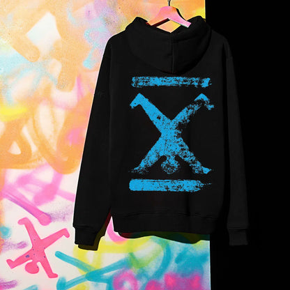 Hoodie Schwarz Unisex mit Backprint Blau